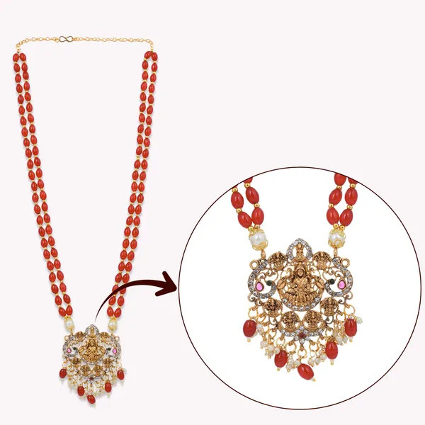 Maroon_Beaded_Double_Strand_Long_Necklace_With_Gold_Plated_Lakshmi_Pendant_For_Women