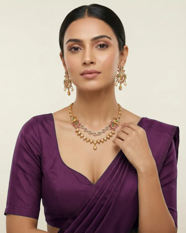 Antique_Gold_Brass_Zircon_American_Diamond_Necklace_Set_For_Women
