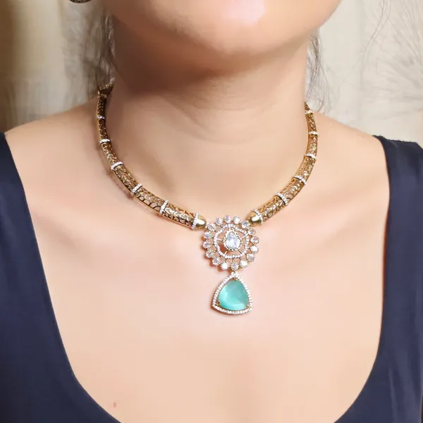 Antique_Gold_Brass_Moissanite_And_Zircon_Necklace_Set_With_Turquoise_Pendant