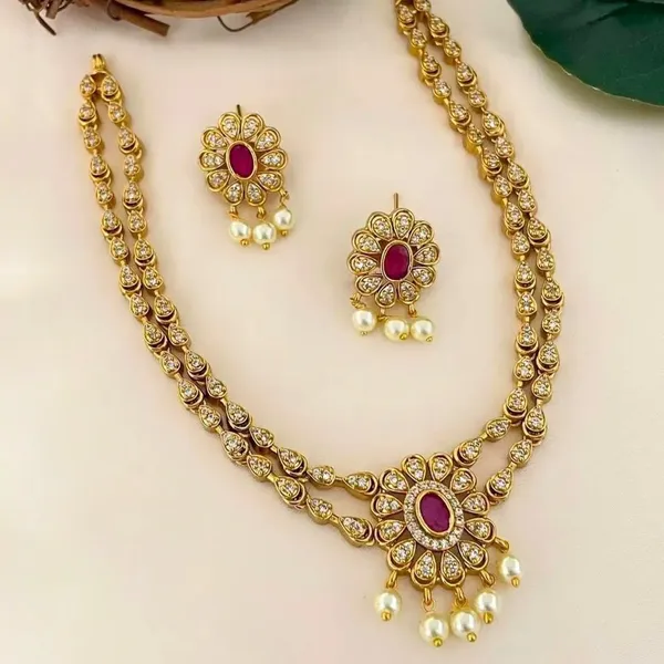Gold_Plated_Double_Layer_Zircon_Choker_Necklace_Set_With_Earrings_(Ruby)