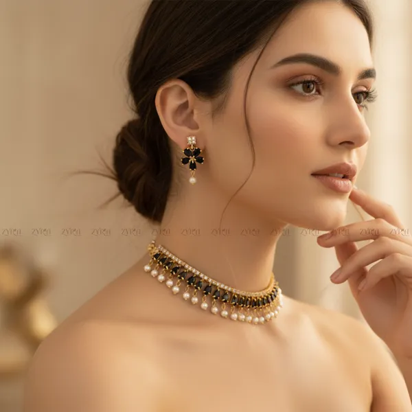 Gold_Plated_Black_Stone_Pearl_Drop_AD_Choker_Necklace_Set