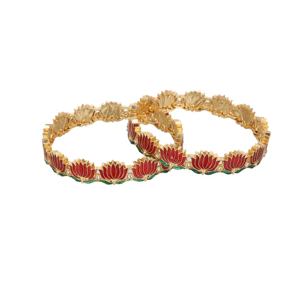 Gold_Tone_Red_Lotus_Enamel_Bangle_Set_For_Women