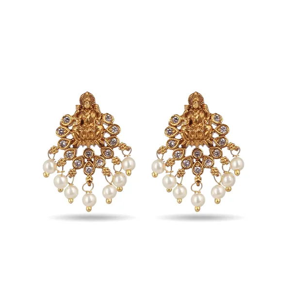 Pearls_&_Zircons_Studded_Gold_Plated_Lakshmi_Temple_jewellery_Earrings
