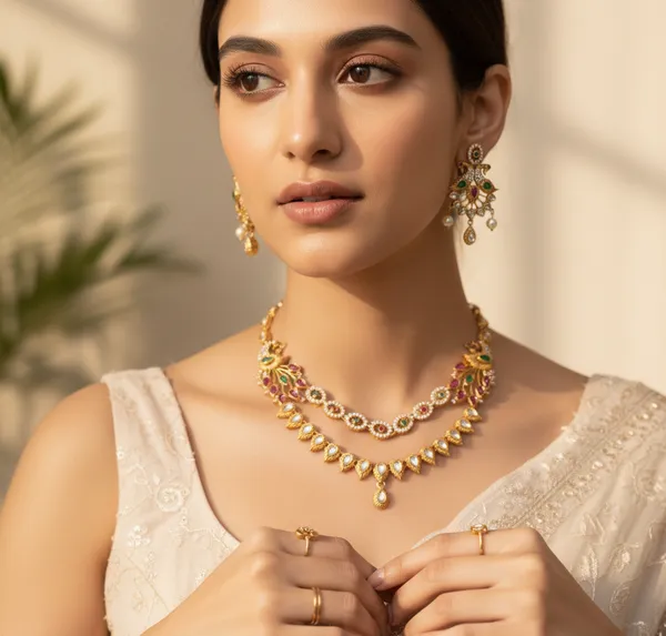 Antique_Gold_Brass_Zircon_American_Diamond_Necklace_Set_For_Women
