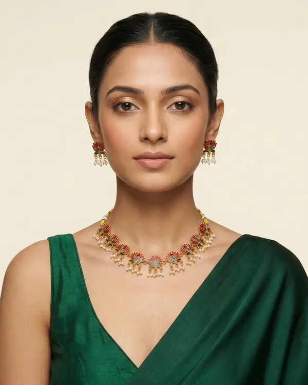 Gold_Plated_Copper_Floral_Pearl_Necklace_Set_With_Push_Back_Earrings