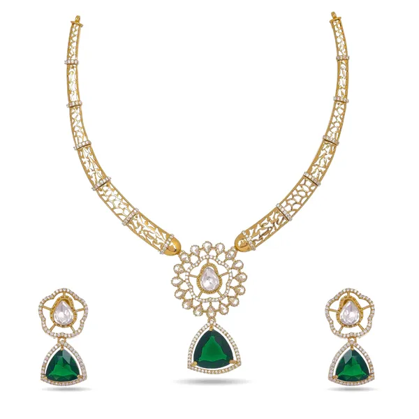 Gold_Tone_American_Diamond_Floral_Emerald_Green_Stone_Necklace_Set_For_Women