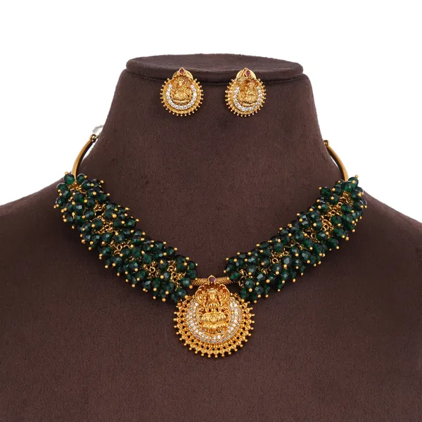 Gold_Plated_Green_Crystal_Bead_Necklace_Set_With_Temple_Pendant