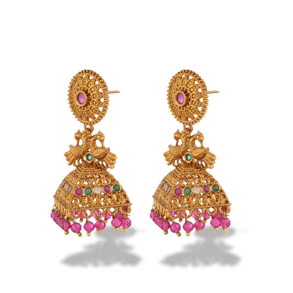 Gold_Plated_Jhumka_Earrings_With_Pink_Beads_And_Multicolor_Stones