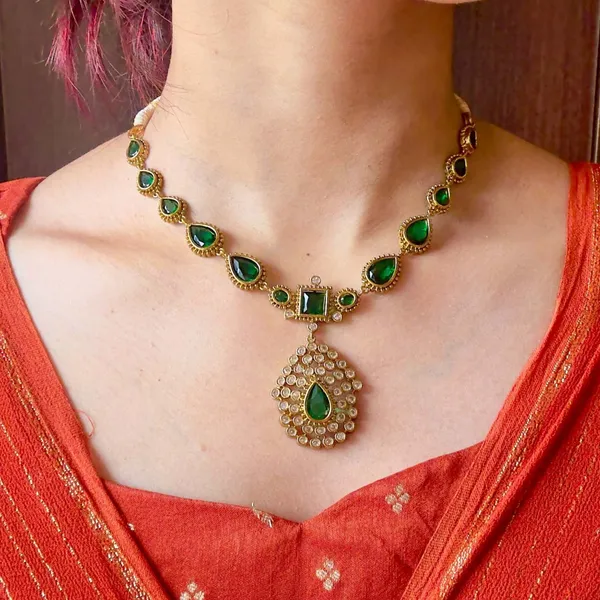 Antique_Gold_Micro_Gold_Plated_Green_Zircon_Necklace_Set_For_Women