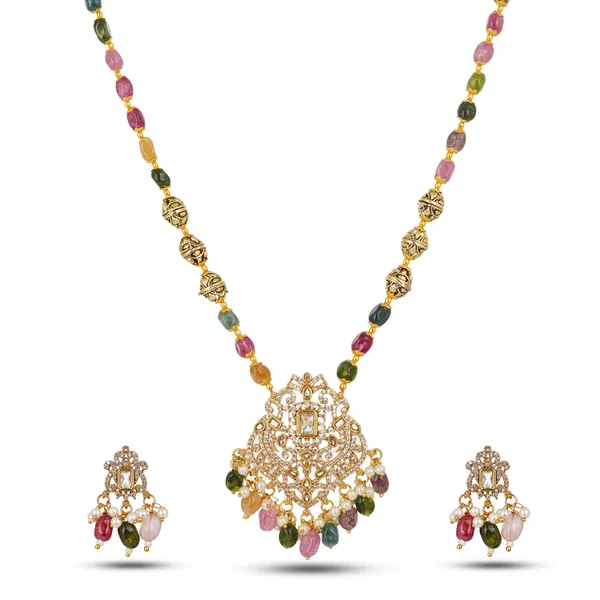 Cubic_Zirconia_Pendant_Gold_Plated_Multicolor_Stone_Long_Necklace_Set_With_Matching_Earrings