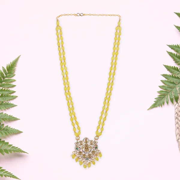 Yellow_Beaded_Double_Strand_Long_Necklace_With_Gold_Plated_Lakshmi_Pendant_For_Women