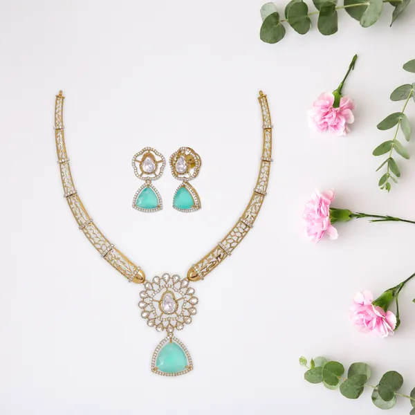 Antique_Gold_Brass_Moissanite_And_Zircon_Necklace_Set_With_Turquoise_Pendant