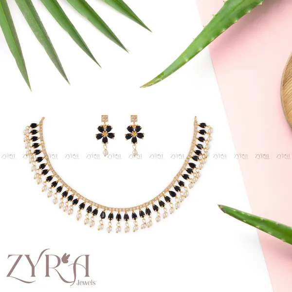 Gold_Plated_Black_Stone_Pearl_Drop_AD_Choker_Necklace_Set