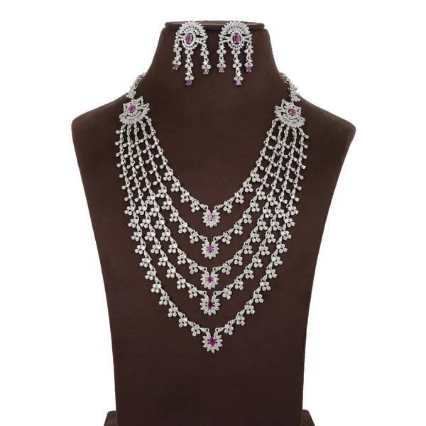 Silver_Pink_Stone_Multi-Layered_Necklace_Set_For_Women