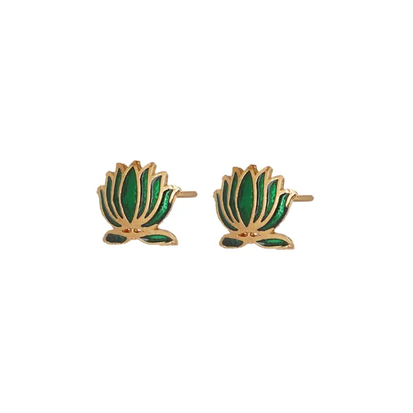 Gold_Plated_Green_Enamel_Lotus_Necklace_Set_With_Earrings