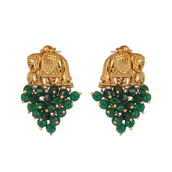 Gold_Plated_Elephant_Motif_Green_Crystal_Bead_Drop_Earrings