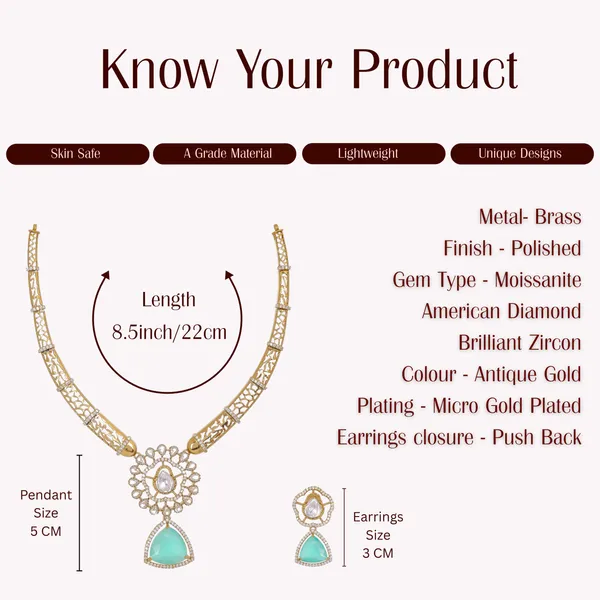 Antique_Gold_Brass_Moissanite_And_Zircon_Necklace_Set_With_Turquoise_Pendant