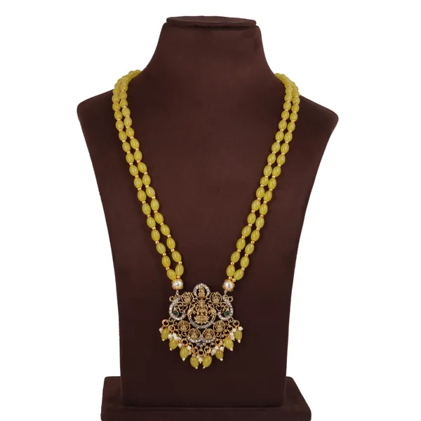 Yellow_Beaded_Double_Strand_Long_Necklace_With_Gold_Plated_Lakshmi_Pendant_For_Women