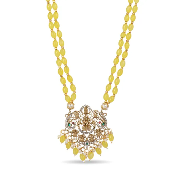 Yellow_Beaded_Double_Strand_Long_Necklace_With_Gold_Plated_Lakshmi_Pendant_For_Women