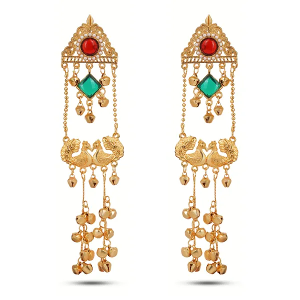 Gold_Plated_Kashmiri_Earrings_Cascade_Dangle_Design_With_Red_And_Green_Stones
