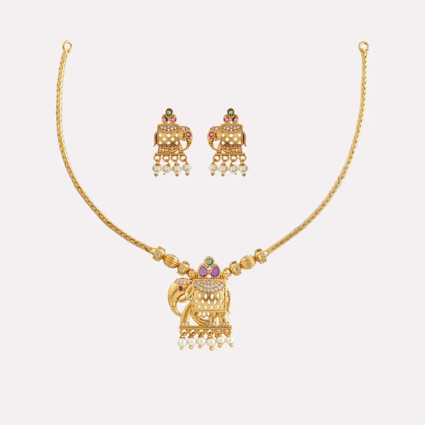 Gold_Elephant_Motif_Pearl_Drop_Necklace_Set_For_Women