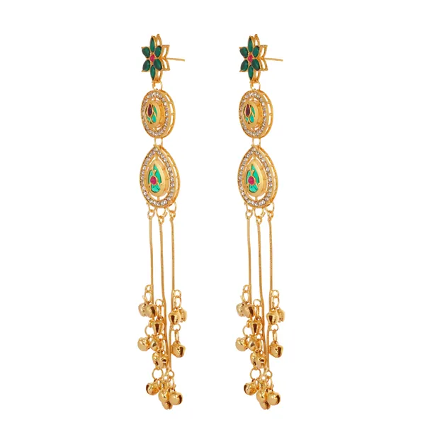 Gold_Plated_Kashmiri_Earrings_Green_Zircon_Kemp_Studded_Cascade_Dangle_Earrings