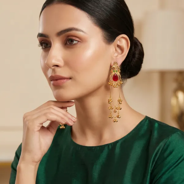 Gold_Plated_Kashmiri_Earrings_Red_Stone_Cascade_Dangle_Design