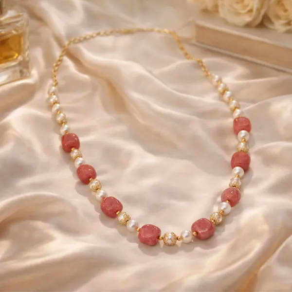 Gold_Tone_Red_Bead_And_Pearl_Chain_Necklace_For_Women