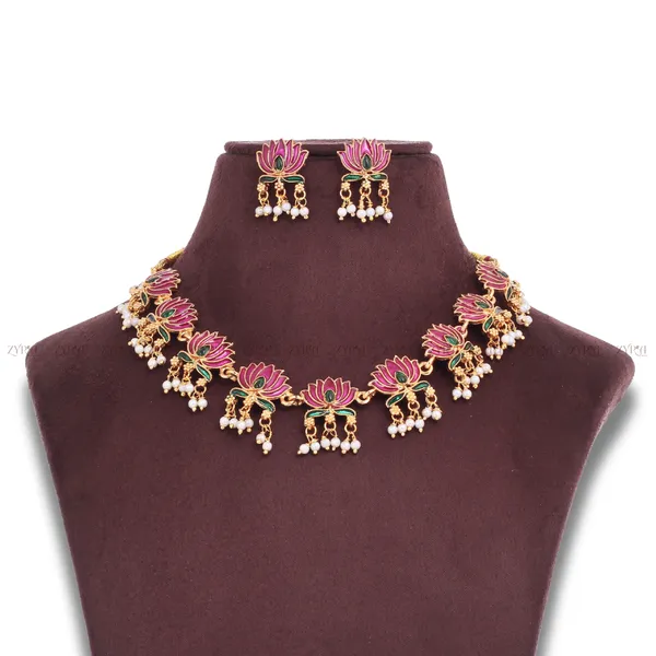 Pink_Lotus_Copper_Necklace_Earrings_Set_With_Pearls