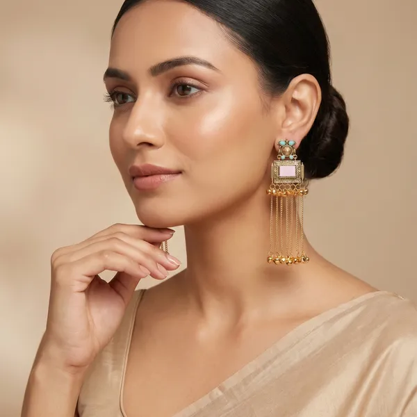 Gold_Pink_Turquoise_Stone_Jhumka_Tassel_Earrings_For_Women
