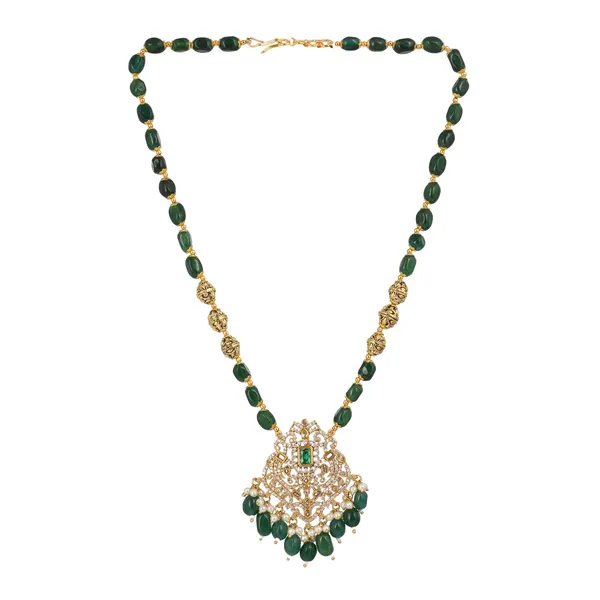 Gold_Plated_Zircon_Pendant_Beaded_Long_Necklace_Set_With_Earrings