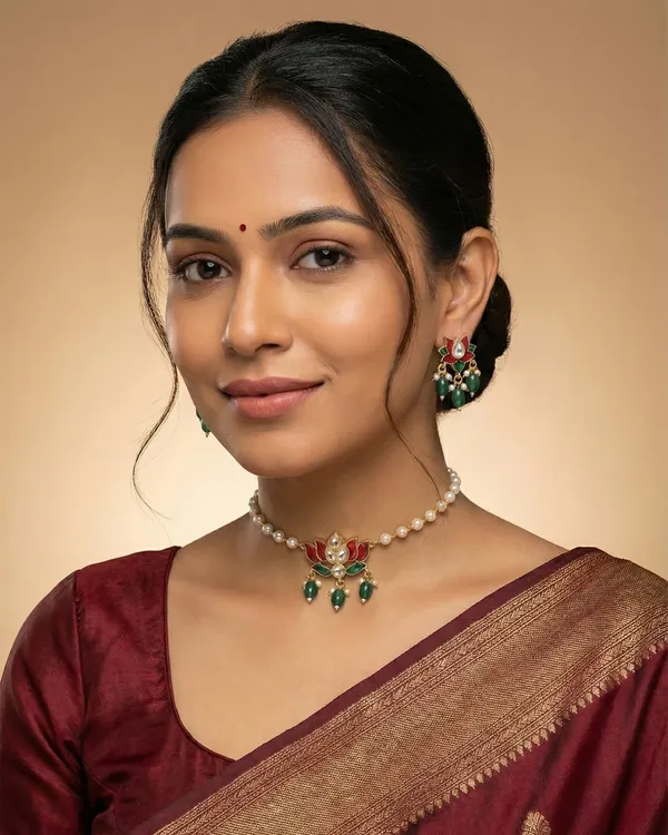 Gold_Plated_Ad_Pearls_Lotus_Pendant_Necklace_Set_For_Women