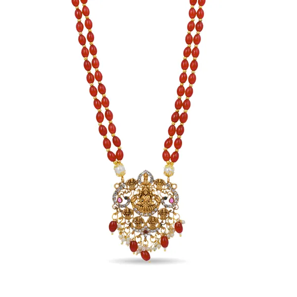 Maroon_Beaded_Double_Strand_Long_Necklace_With_Gold_Plated_Lakshmi_Pendant_For_Women