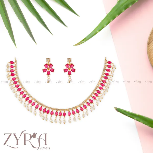 Gold_Plated_Pink_Stone_Pearl_Drop_AD_Choker_Necklace_Set