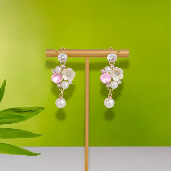 Gold_Floral_Pink_Crystal_Pearl_Drop_Earrings_For_Women