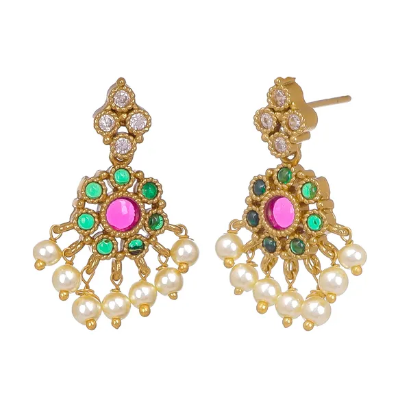 Gold_Plated_Pink_Green_Stone_Pearl_Drop_Necklace_Set_For_Women