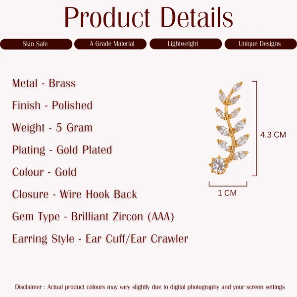AAA_Grade_Cubic_Zirconia_Studded_Gold_Plated_Leaf_Design_Ear_Cuff_Earring_