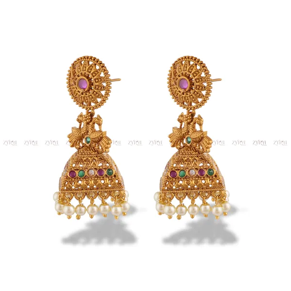 Gold_Antique_Jhumka_Earrings_With_Pearls_And_Gemstones_For_Women