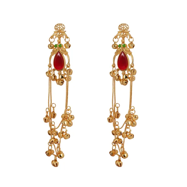 Gold_Plated_Kashmiri_Earrings_Red_Stone_Cascade_Dangle_Design