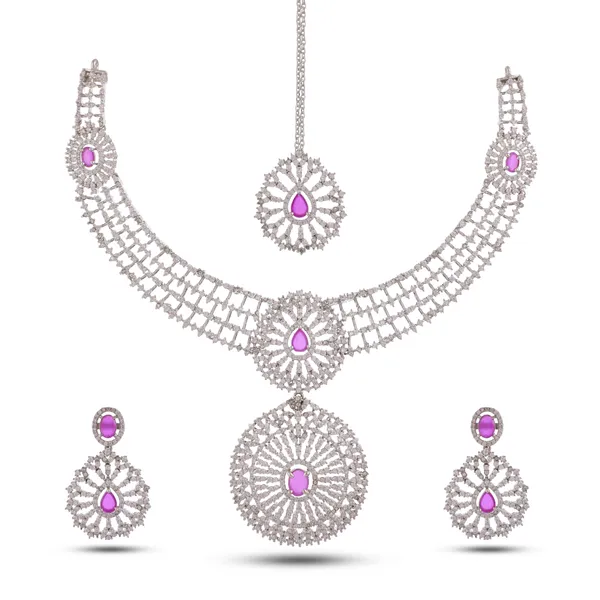Silver_Rhodium_Plated_Pink_Zirconia_Bridal_Necklace_Set_For_Women