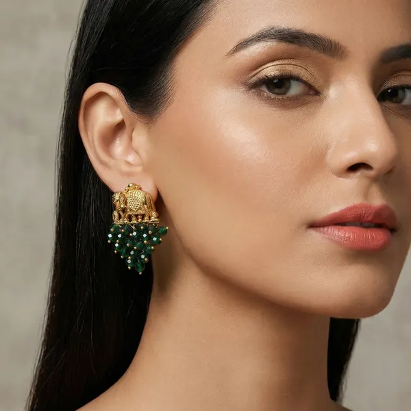 Gold_Plated_Elephant_Motif_Green_Crystal_Bead_Drop_Earrings