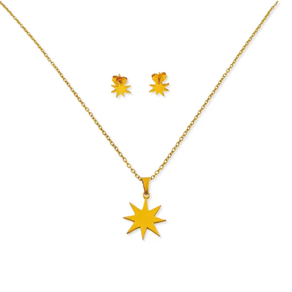 Gold_Starburst_Pendant_Necklace_And_Earring_Set_For_Women