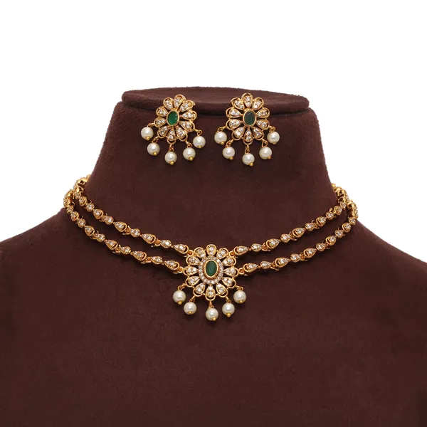 Gold_Plated_Double_Layer_Zircon_Choker_Necklace_Set_With_Earrings_(Green)