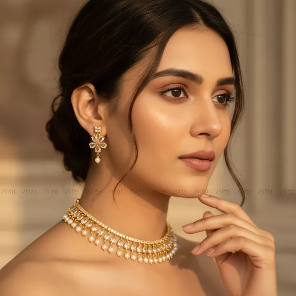Gold_Plated_Crystal_Pearl_Choker_Necklace_Set_For_Women