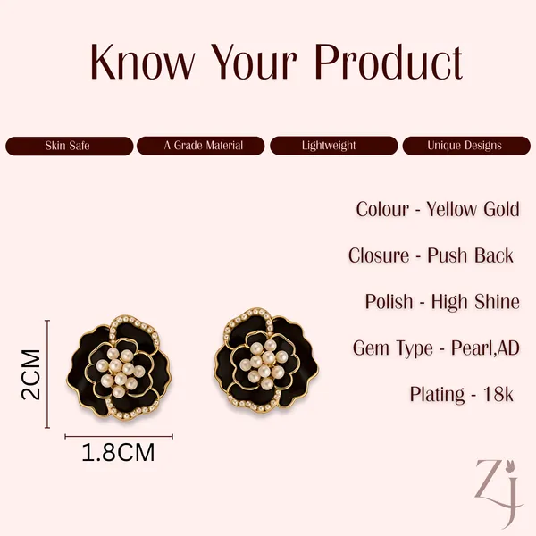 Gold_Pearl_Embellished_Black_Floral_Stud_Earrings