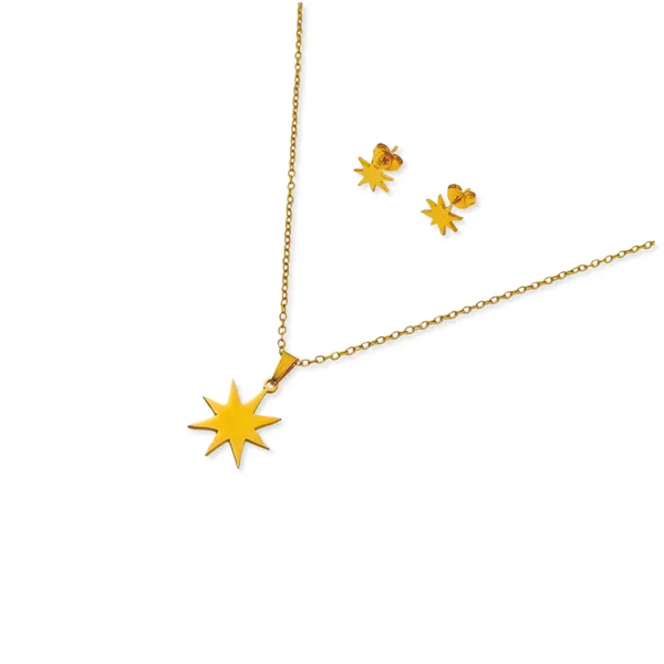 Gold_Starburst_Pendant_Necklace_And_Earring_Set_For_Women