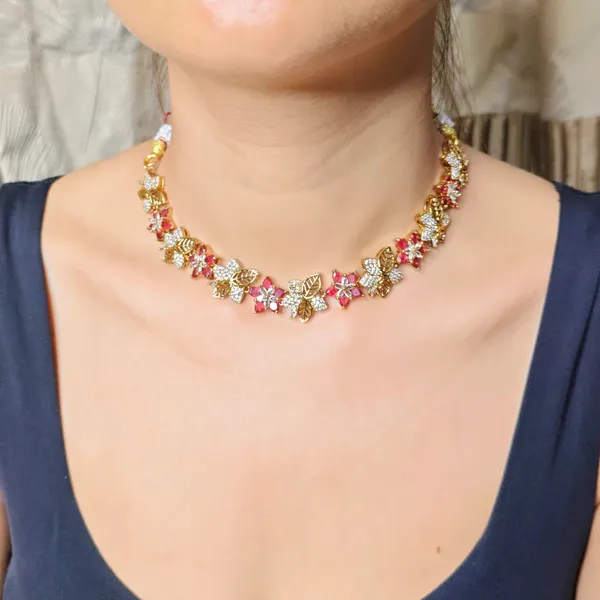 Gold_Pink_Floral_Stone_Necklace_Earrings_Set_For_Women