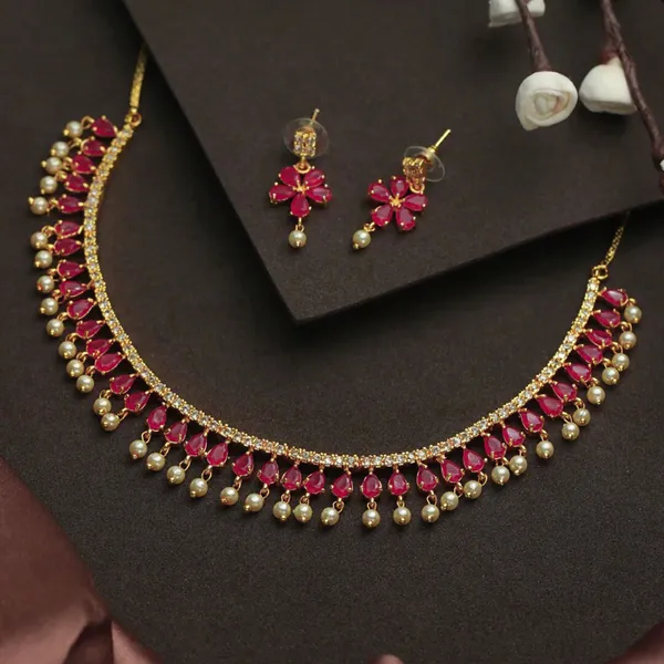 Gold_Plated_Pink_Stone_Pearl_Drop_AD_Choker_Necklace_Set
