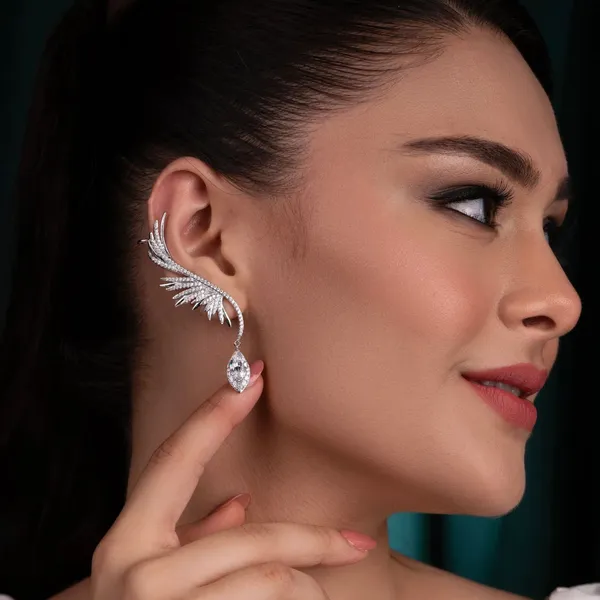 Silver_Crystal_Embellished_Feather_Ear_Cuff_Earrings_With_Drop
