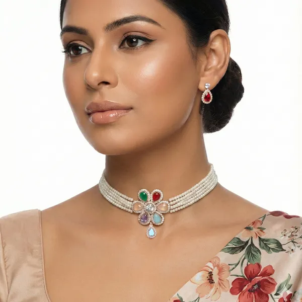 White_Pearl_Multi_Stone_Floral_Choker_Necklace_Set_For_Women